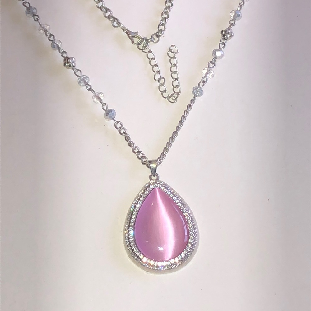 Silver Tone Teardrop Pink Pendant Necklace